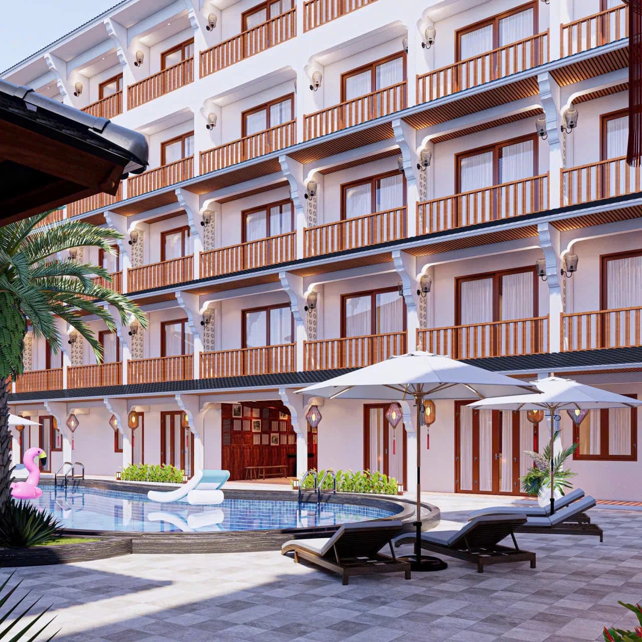 Phối cảnh Long Beach Resort — Khối phòng nghỉ nhìn ra hồ bơi