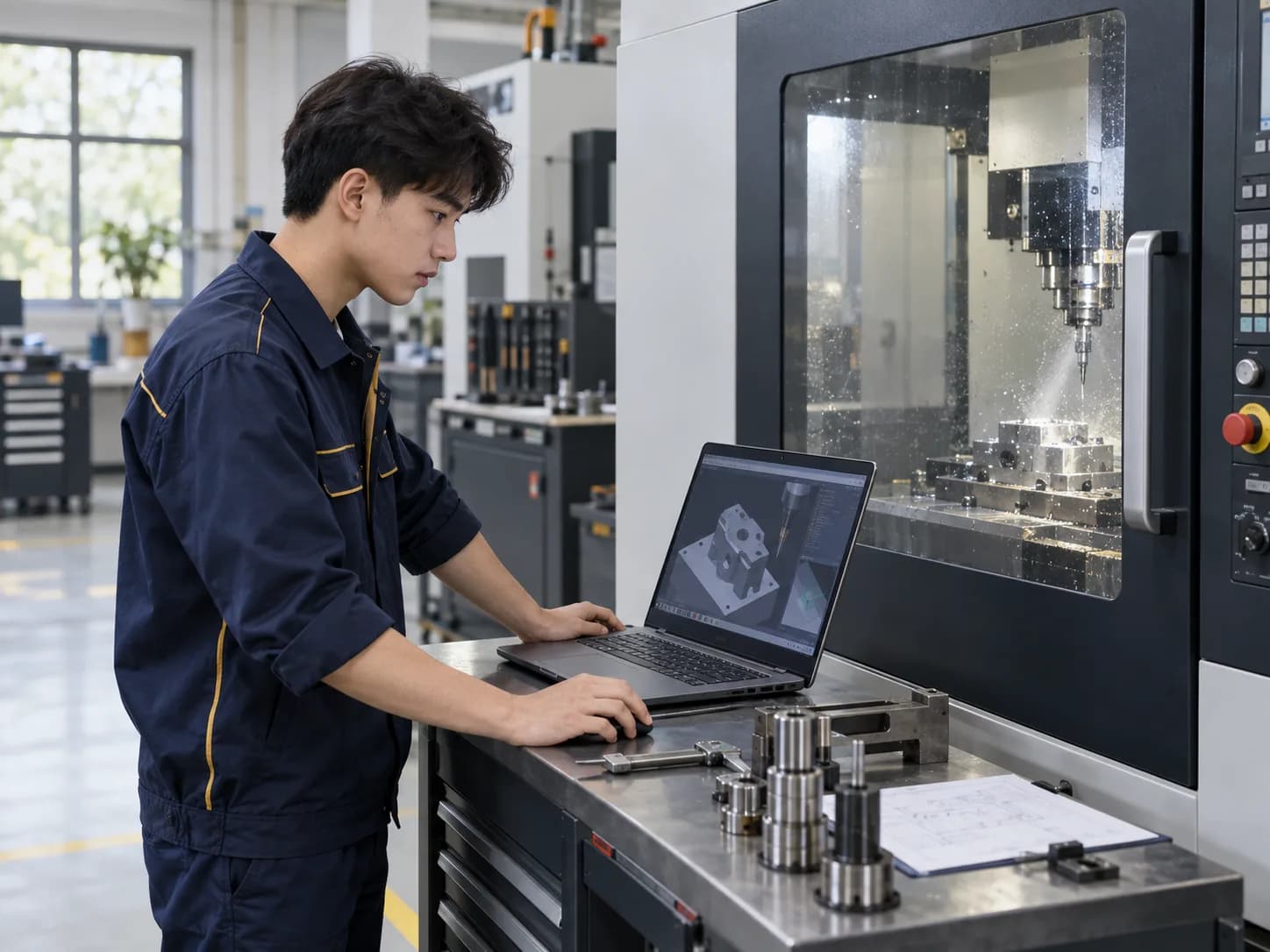 學員在 CNC 機台旁以筆電閱讀加工程式