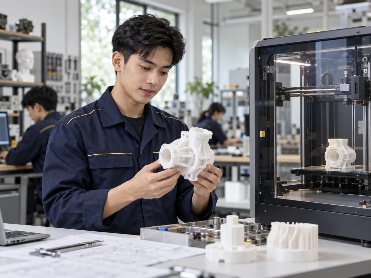 學員手持剛列印完成的零件，站在 3D 列印機前