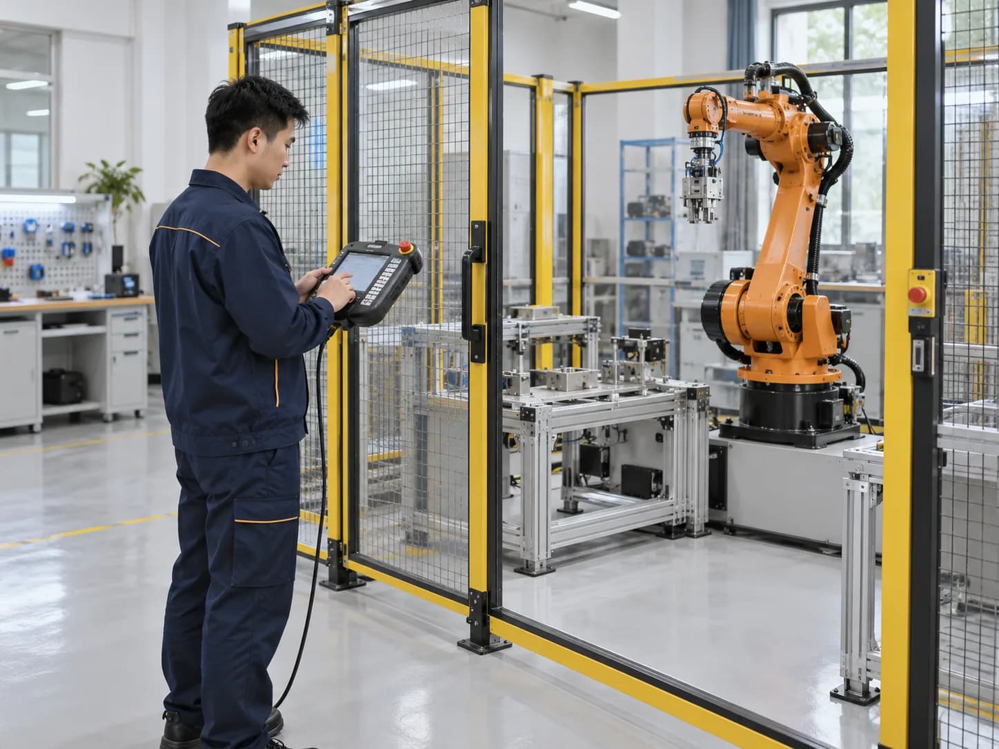 技術員手持示教器，教導工業機器手臂動作