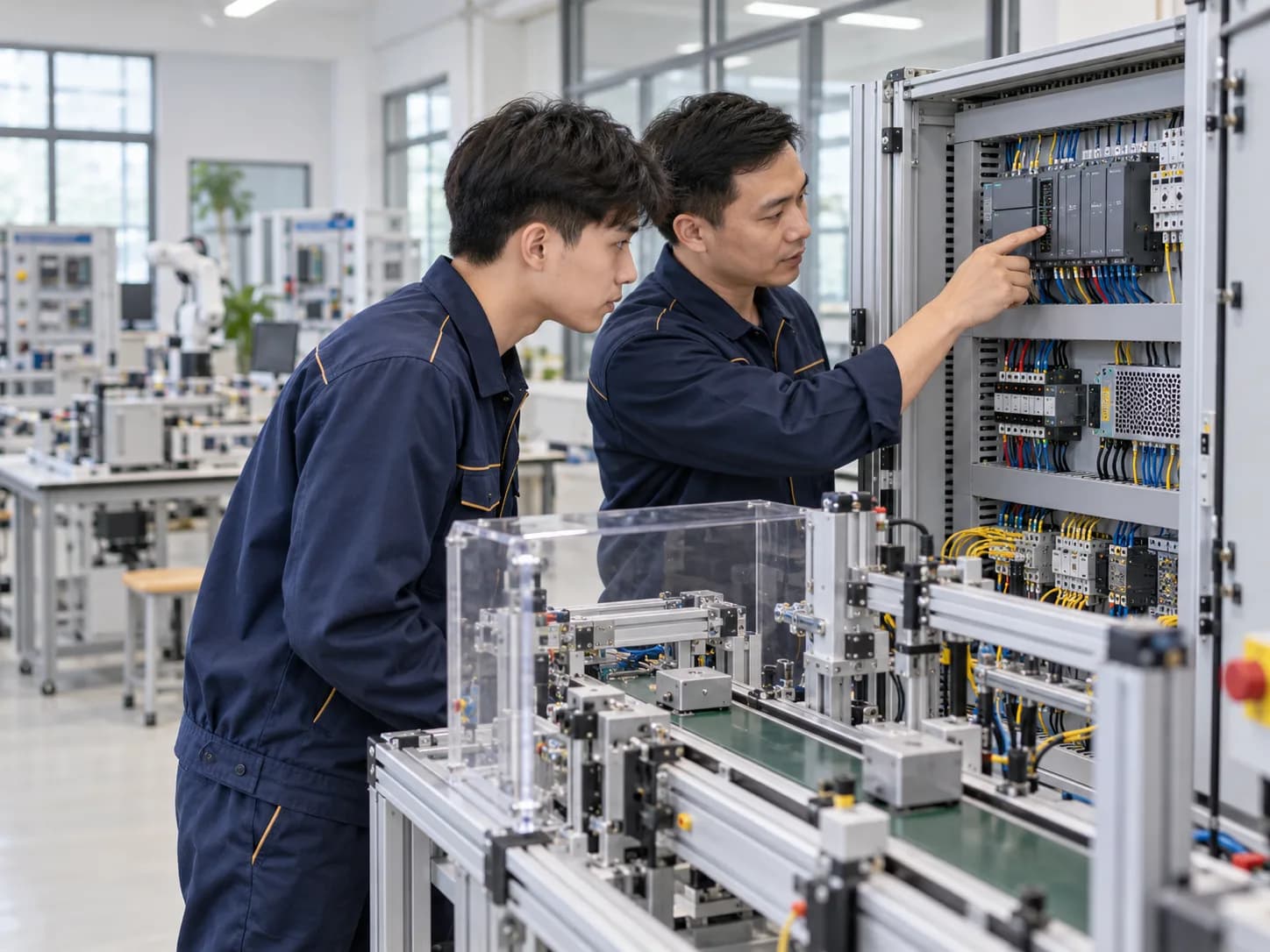 兩人在自動化單元的控制箱中追查線路